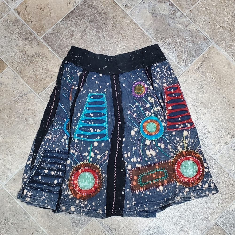 Rising International Navy Blue Multi-Color Boho Patchwork Skirt